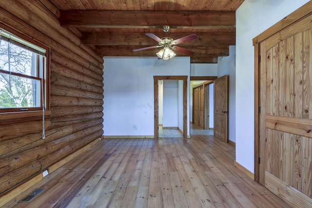 unfurnished room featuring baseboards, a ceiling fan, beam ceiling, light wood-style floors, and wooden ceiling