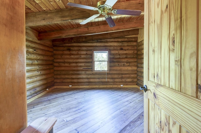 empty room featuring beamed ceiling, log walls, a ceiling fan, hardwood / wood-style floors, and wood ceiling