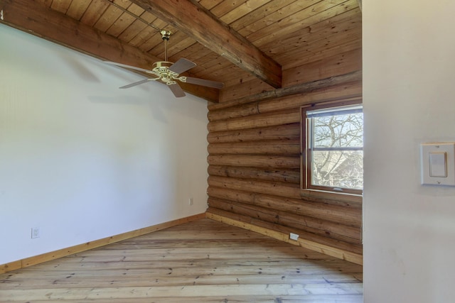 spare room featuring baseboards, beam ceiling, rustic walls, hardwood / wood-style floors, and wood ceiling