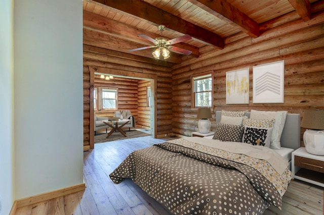 bedroom with rustic walls, multiple windows, wooden ceiling, and wood-type flooring
