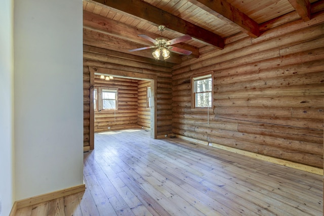 unfurnished room with hardwood / wood-style floors, wooden ceiling, beam ceiling, and ceiling fan
