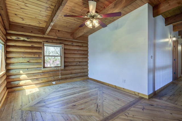 unfurnished room featuring beamed ceiling, baseboards, ceiling fan, hardwood / wood-style floors, and wood ceiling