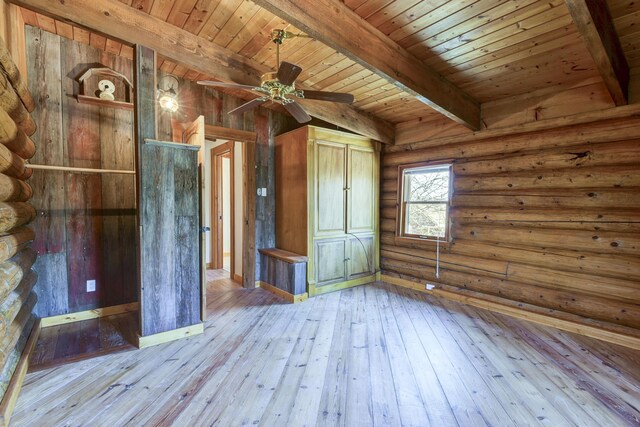 unfurnished bedroom with log walls, beam ceiling, wooden ceiling, and wood-type flooring