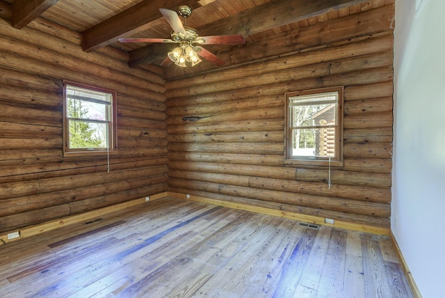empty room with hardwood / wood-style floors, wooden ceiling, beam ceiling, visible vents, and a ceiling fan