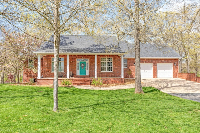 single story home with roof with shingles, driveway, a front yard, brick siding, and a garage