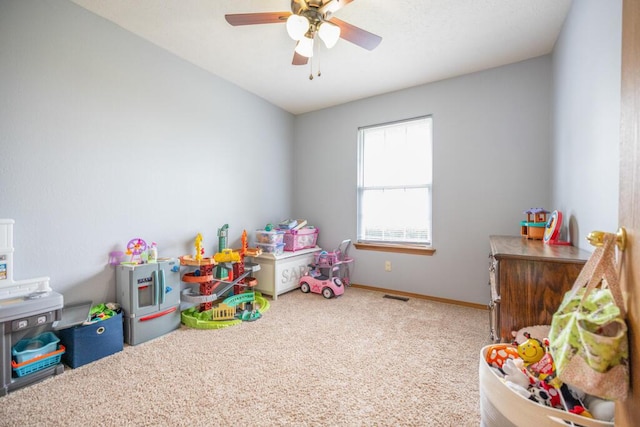 919 S Central Ave, Marionville, MO 65705 - playroom with carpet flooring, a ceiling fan, baseboards, and visible vents