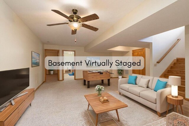 1206 Black Horse Rd, Conway, MO 65632 - carpeted living area with a ceiling fan and stairway