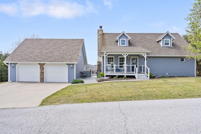 cape cod-style house with covered porch, a chimney, a front yard, roof with shingles, and concrete driveway