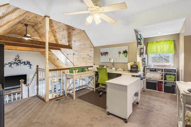 office with ceiling fan, visible vents, light carpet, and lofted ceiling