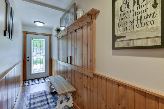 1428 Acacia Club Rd, Hollister, MO 65672 - entryway with wood finished floors, wooden walls, and a wainscoted wall