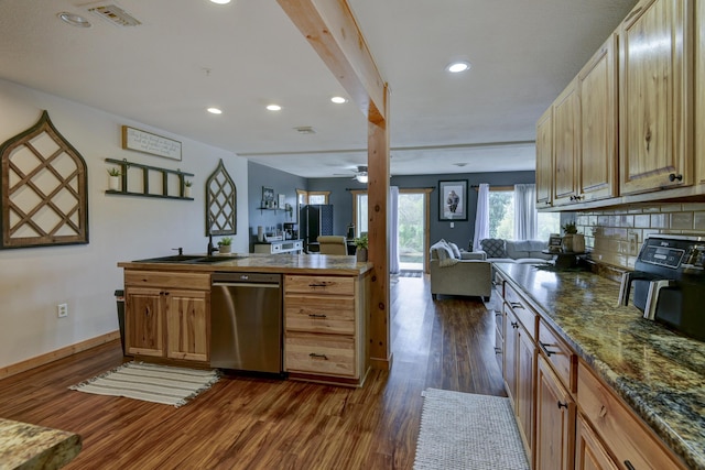 1428 Acacia Club Rd, Hollister, MO 65672 - kitchen featuring recessed lighting, open floor plan, dark wood-type flooring, visible vents, and stainless steel dishwasher