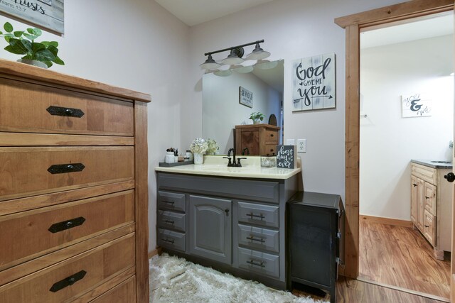 1428 Acacia Club Rd, Hollister, MO 65672 - bathroom featuring vanity, baseboards, and wood finished floors