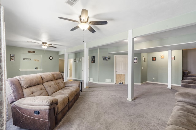 32 Homewood Ln, Kimberling City, MO 65686 - carpeted living room featuring visible vents, baseboards, ceiling fan, and stairs
