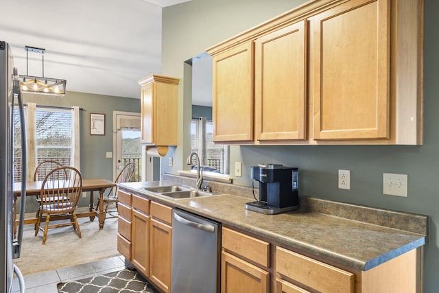 32 Homewood Ln, Kimberling City, MO 65686 - kitchen featuring carpet flooring, a sink, tile patterned flooring, light brown cabinets, and dishwasher