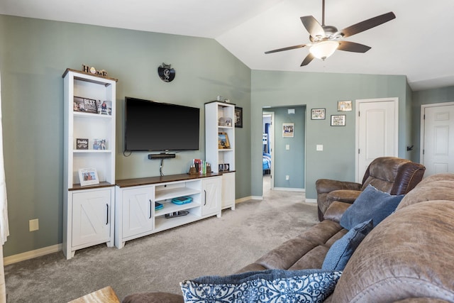32 Homewood Ln, Kimberling City, MO 65686 - living room featuring light colored carpet, a ceiling fan, baseboards, and vaulted ceiling
