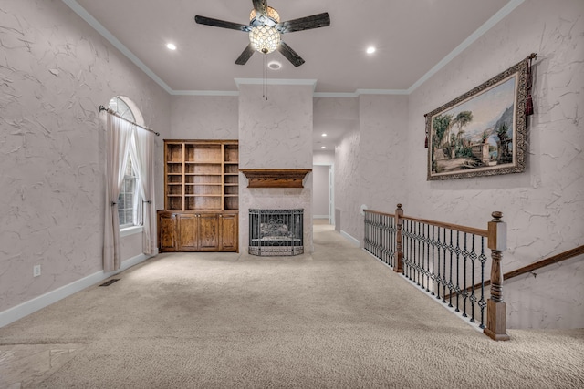 3607 Quail Run Rd, West Plains, MO 65775 - unfurnished living room with ceiling fan, a fireplace, recessed lighting, carpet floors, and crown molding