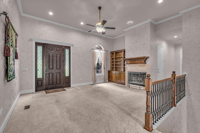 3607 Quail Run Rd, West Plains, MO 65775 - living room with a ceiling fan, a stone fireplace, ornamental molding, recessed lighting, and carpet floors