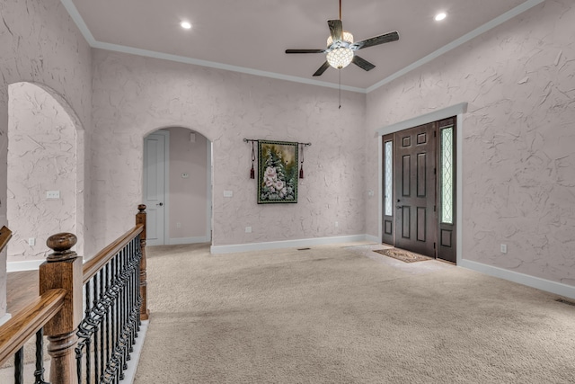 3607 Quail Run Rd, West Plains, MO 65775 - foyer featuring a ceiling fan, arched walkways, carpet, ornamental molding, and recessed lighting
