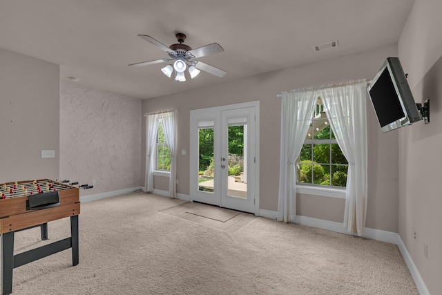 3607 Quail Run Rd, West Plains, MO 65775 - rec room with carpet, ceiling fan, french doors, and baseboards