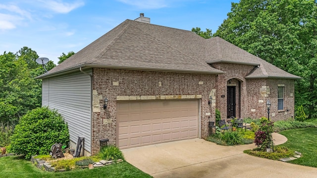 3607 Quail Run Rd, West Plains, MO 65775 - french country style house with roof with shingles, brick siding, a chimney, a front yard, and driveway