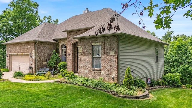 3607 Quail Run Rd, West Plains, MO 65775 - french country inspired facade with brick siding, a front yard, roof with shingles, and a garage