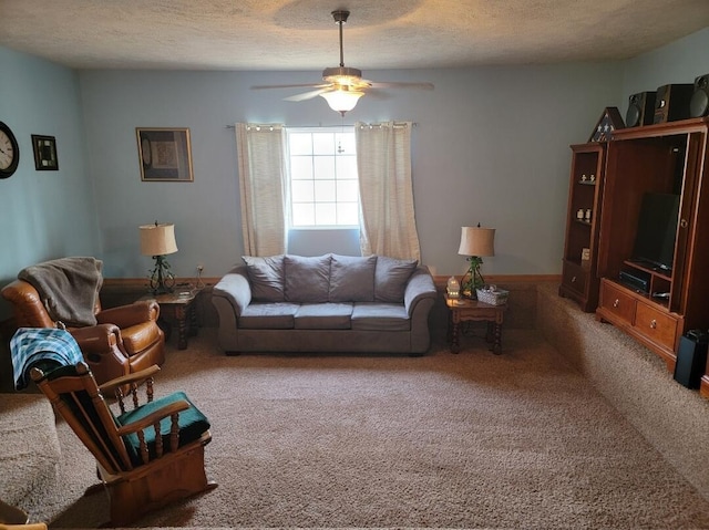 7 Lawrence Unit 2200, Wentworth, MO 64873 - carpeted living room featuring a ceiling fan and a textured ceiling