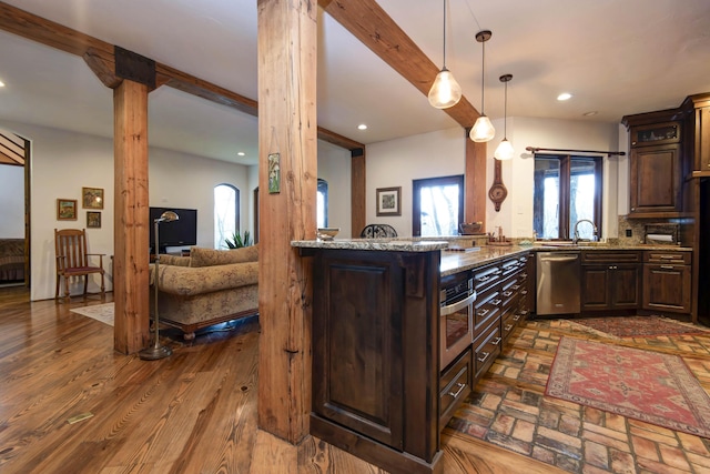 kitchen featuring recessed lighting, dark brown cabinets, beamed ceiling, and appliances with stainless steel finishes