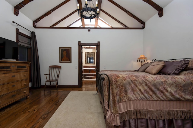 bedroom featuring high vaulted ceiling, baseboards, wood finished floors, beam ceiling, and a notable chandelier