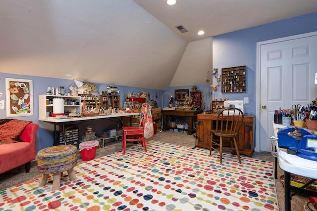 game room with visible vents, carpet floors, recessed lighting, and vaulted ceiling