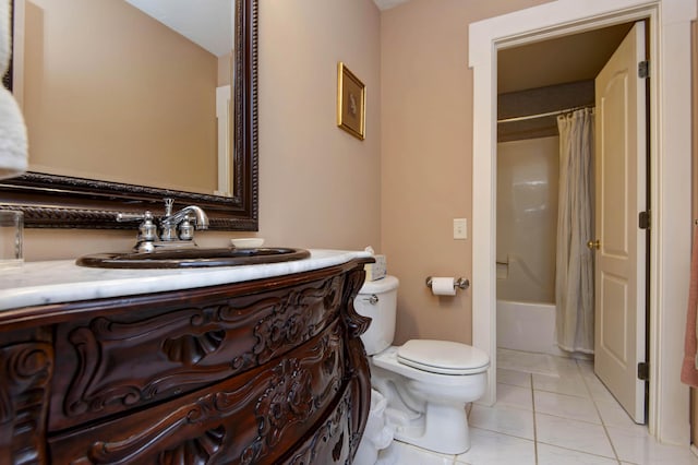 full bath with shower / tub combo with curtain, toilet, tile patterned flooring, and vanity