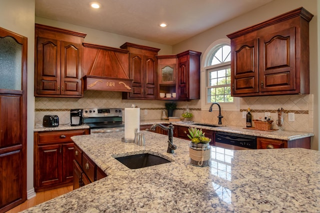 1321 E River Oak Dr, Springfield, MO 65803 - kitchen with stainless steel range with electric stovetop, a sink, custom range hood, and dishwasher