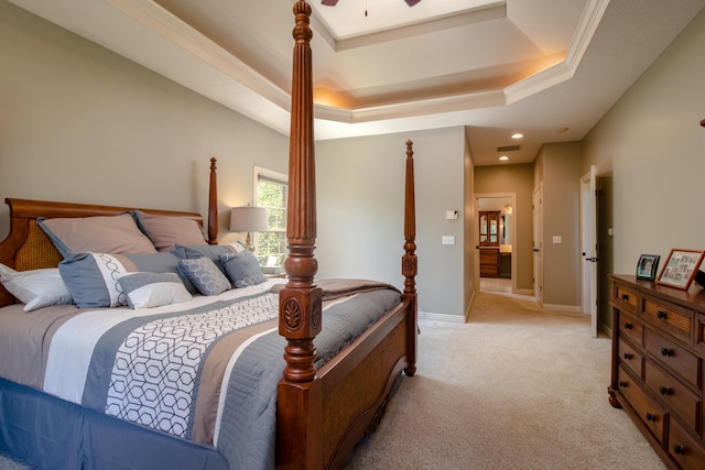 1321 E River Oak Dr, Springfield, MO 65803 - bedroom featuring crown molding, baseboards, recessed lighting, light carpet, and a tray ceiling