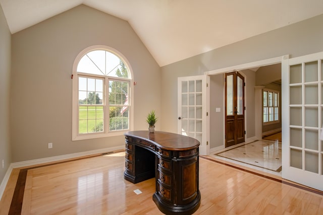 1321 E River Oak Dr, Springfield, MO 65803 - office area with lofted ceiling, a wealth of natural light, light wood-style flooring, and french doors