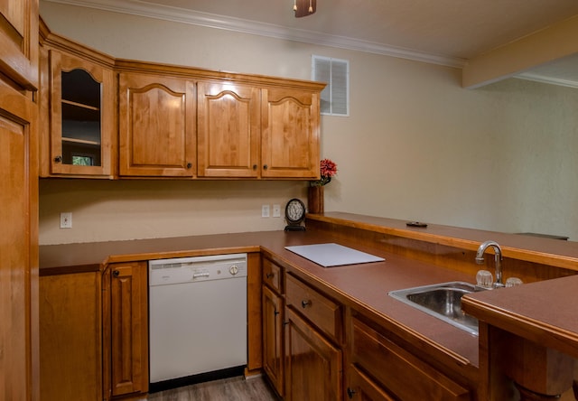 1321 E River Oak Dr, Springfield, MO 65803 - kitchen featuring crown molding, dark countertops, visible vents, dishwasher, and brown cabinets
