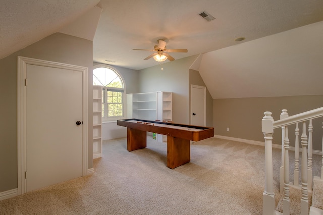 1321 E River Oak Dr, Springfield, MO 65803 - recreation room with vaulted ceiling, pool table, visible vents, ceiling fan, and carpet