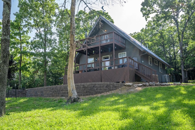 645 Buck Run Dr, Branson West, MO 65737 - rear view of property featuring a yard, cooling unit, stairway, and a deck