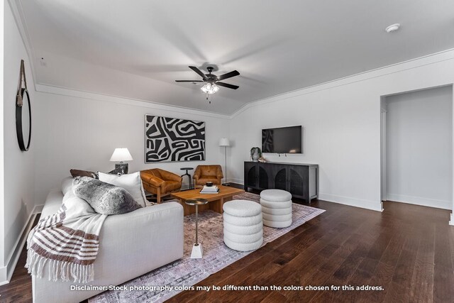 1208 W Pebblebrooke Dr, Ozark, MO 65721 - living room featuring vaulted ceiling, dark wood-style floors, baseboards, ceiling fan, and ornamental molding