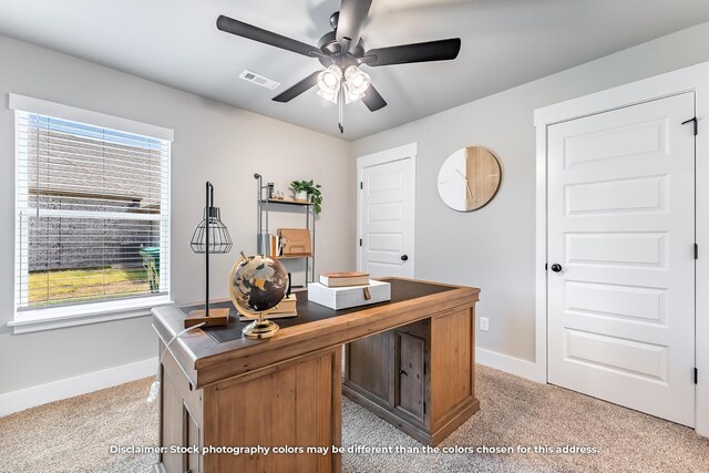 1208 W Pebblebrooke Dr, Ozark, MO 65721 - office with baseboards, visible vents, a ceiling fan, and light colored carpet