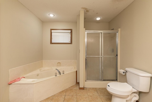 3740 W Glenwood Ct, Springfield, MO 65807 - full bathroom featuring a shower with door, tile patterned floors, a textured ceiling, toilet, and a bath