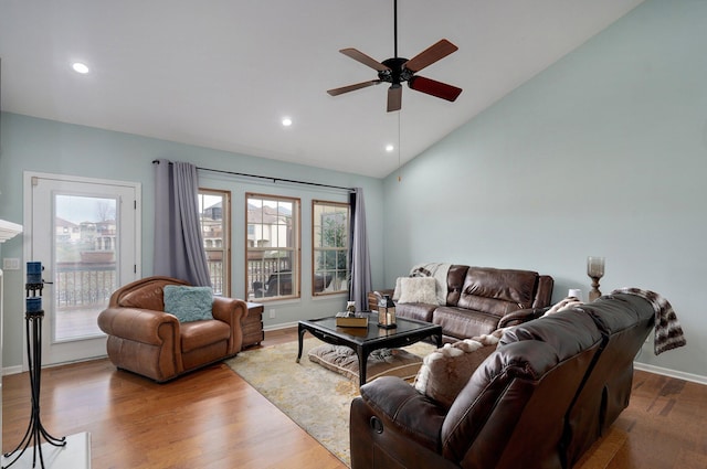 living room featuring recessed lighting, baseboards, a ceiling fan, and wood finished floors