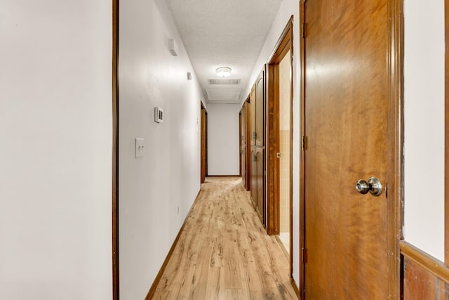 hallway featuring light wood-type flooring and a textured ceiling