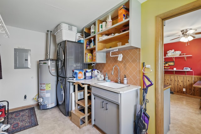 310 W Wishart Dr, Monett, MO 65708 - kitchen with water heater, electric panel, a sink, tasteful backsplash, and light countertops