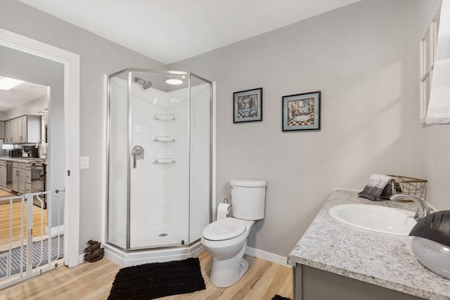 bathroom with a shower stall, vanity, toilet, and wood finished floors