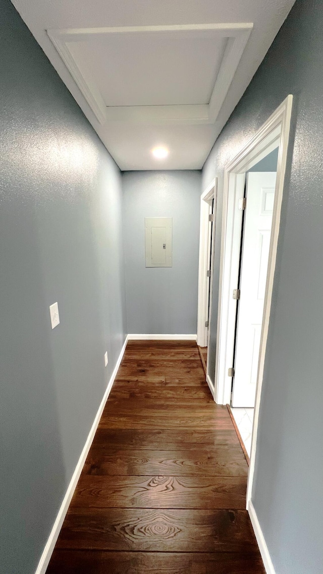 100 E Bond St, Monett, MO 65708 - hallway with baseboards, wood finished floors, and electric panel