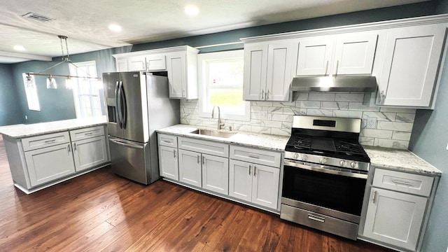100 E Bond St, Monett, MO 65708 - kitchen featuring dark wood-style flooring, under cabinet range hood, visible vents, stainless steel appliances, and a sink