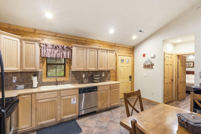 135 Rock Candy Ln, Branson, MO 65616 - kitchen featuring dishwasher, a sink, light brown cabinetry, and decorative backsplash