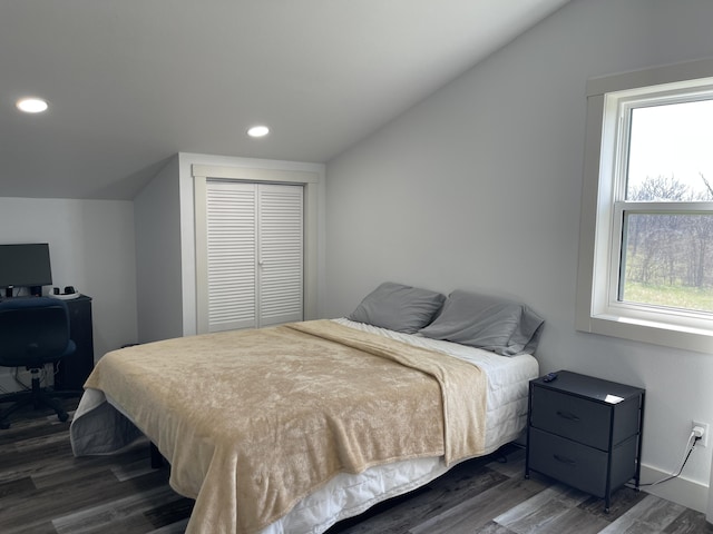 3826 S 77th Rd, Dunnegan, MO 65640 - bedroom with recessed lighting, dark wood-style flooring, a closet, and vaulted ceiling