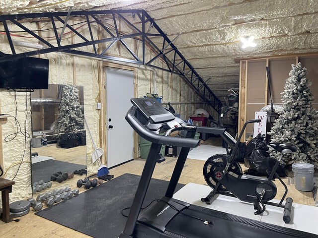 3826 S 77th Rd, Dunnegan, MO 65640 - workout room featuring vaulted ceiling