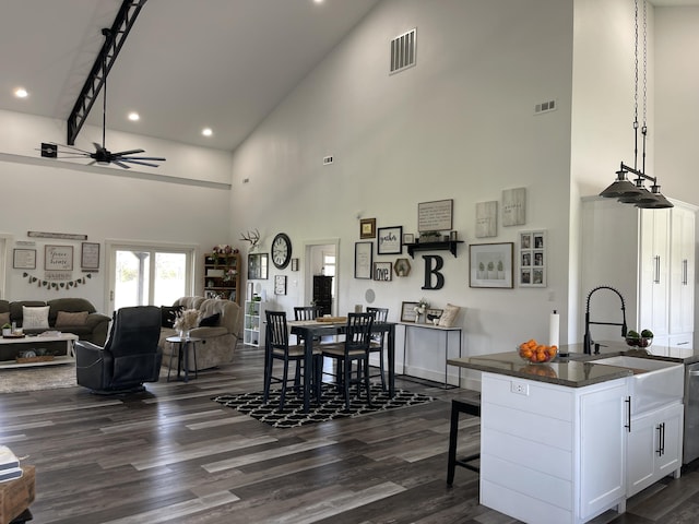3826 S 77th Rd, Dunnegan, MO 65640 - kitchen featuring visible vents, white cabinetry, a ceiling fan, and dark countertops