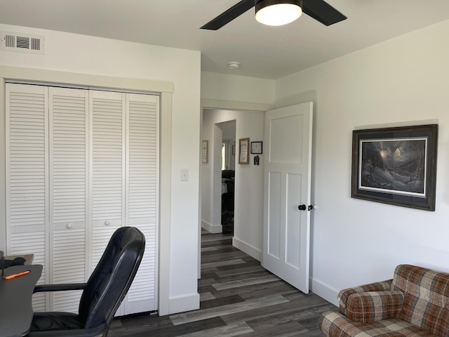 3826 S 77th Rd, Dunnegan, MO 65640 - office featuring dark wood-type flooring, visible vents, baseboards, and a ceiling fan